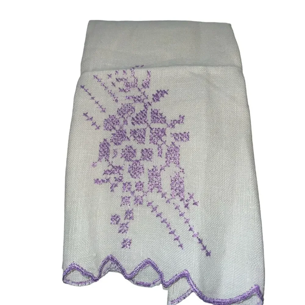 Vintage Linen Kitchen Towel Embroidered  Purple Stitching Boho Cottagecore